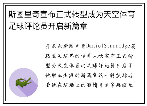 斯图里奇宣布正式转型成为天空体育足球评论员开启新篇章