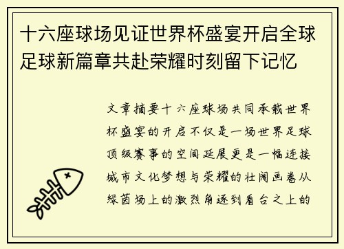 十六座球场见证世界杯盛宴开启全球足球新篇章共赴荣耀时刻留下记忆
